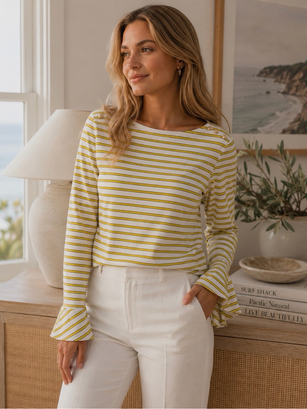 Ralph Lauren Yellow Striped Boatneck Long-Sleeve Top
